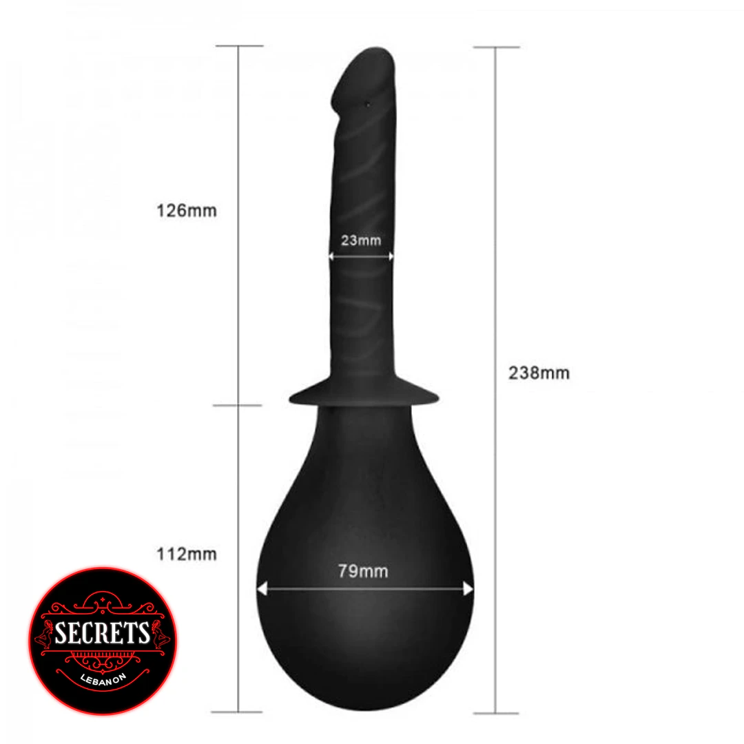 Love Toy Douche Dildo black silicone with bulb and dimension labels