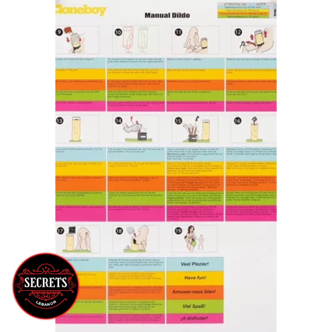 Make Your Own Dildo Kit illustrated instruction manual with colourful multilingual steps