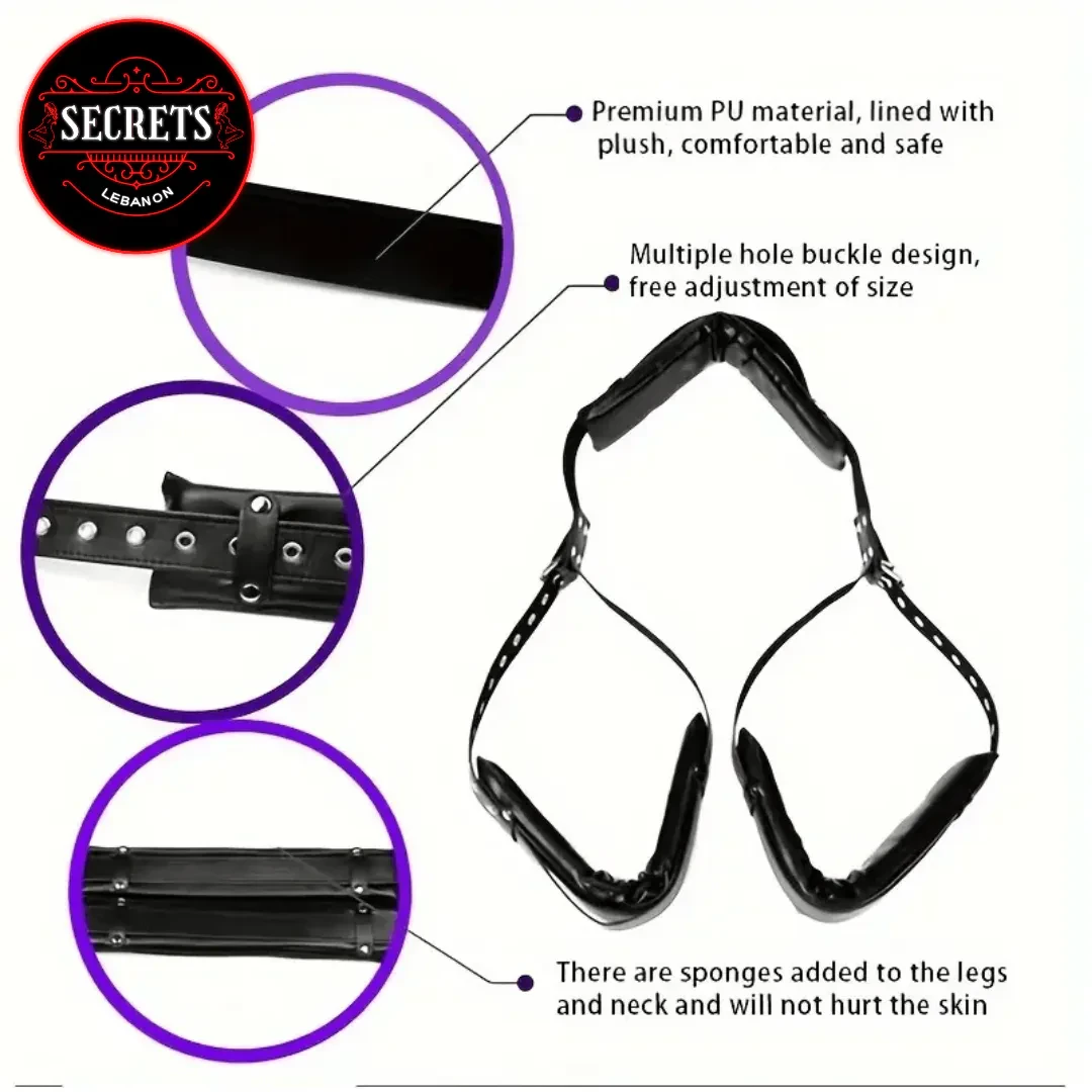 Padded Hogtie Bondage Restraint Set in black PU leather with detail callouts