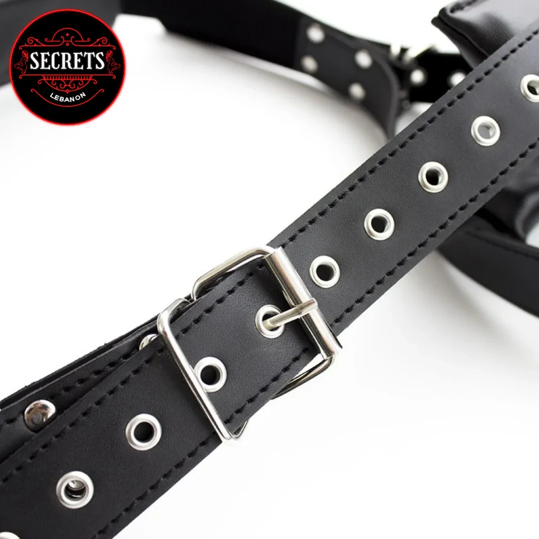 Padded Hogtie Bondage Restraint Set detail showing black strap and silver buckle