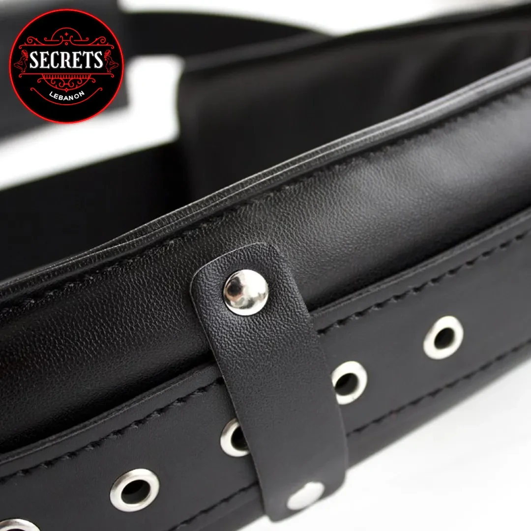 Padded Hogtie Bondage Restraint Set detail showing black faux leather with silver eyelets