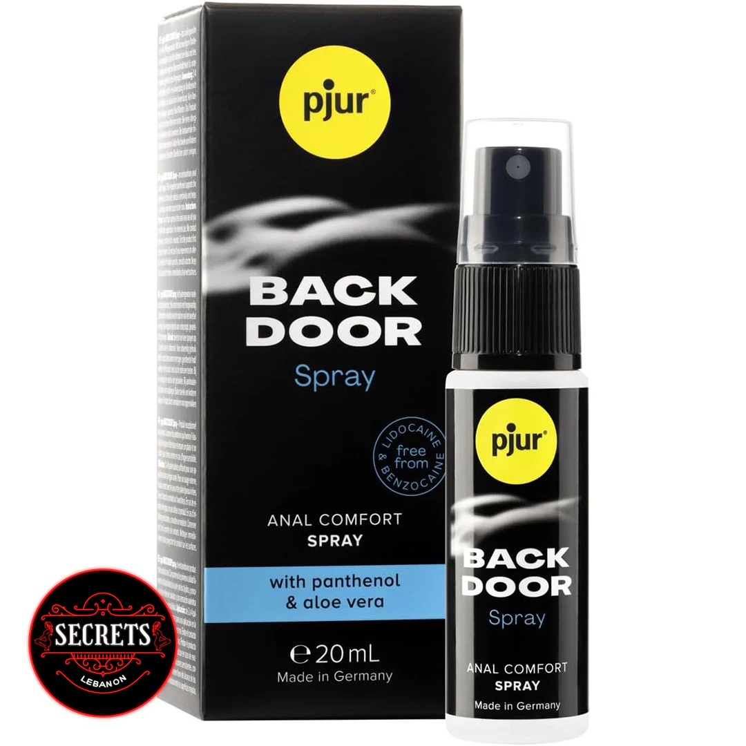 Pjur Back Door Anal Comfort Spray 20ml bottle beside black box packaging