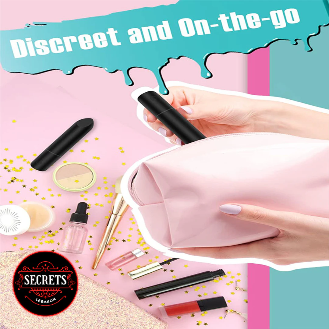 Precision Discreet Multi Speed Bullet Vibrator placed inside open pink cosmetic bag