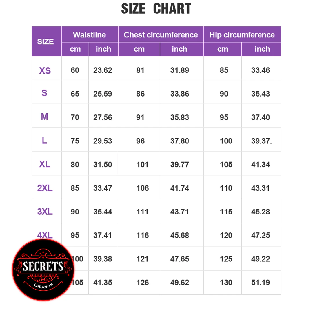 PVC French Maid Lingerie Set size chart with waistline and hip measurements