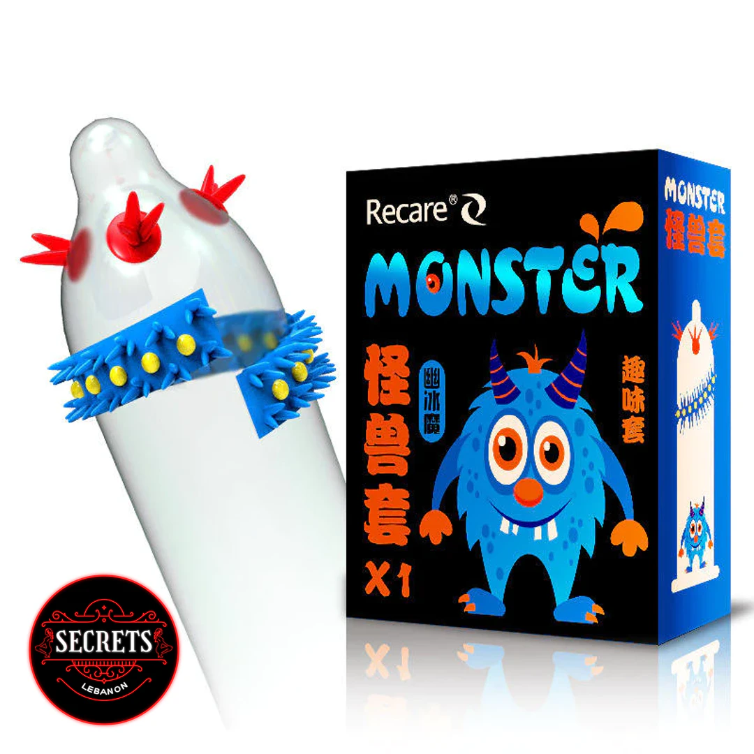 Recare Monster Ribbed Condoms with blue spiked ring and black novelty box