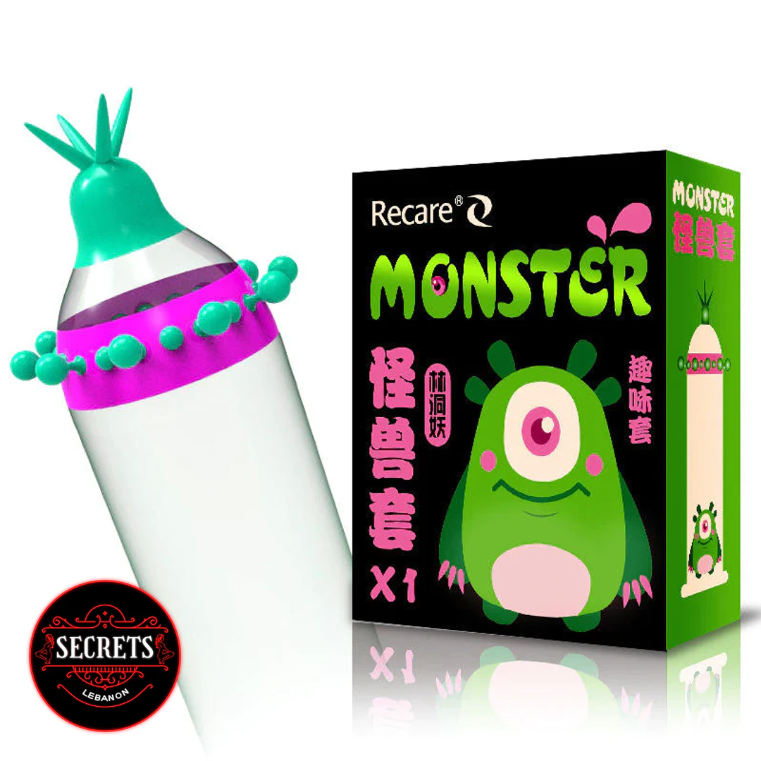 Recare Monster Ribbed Condoms with teal textured tip beside black novelty box