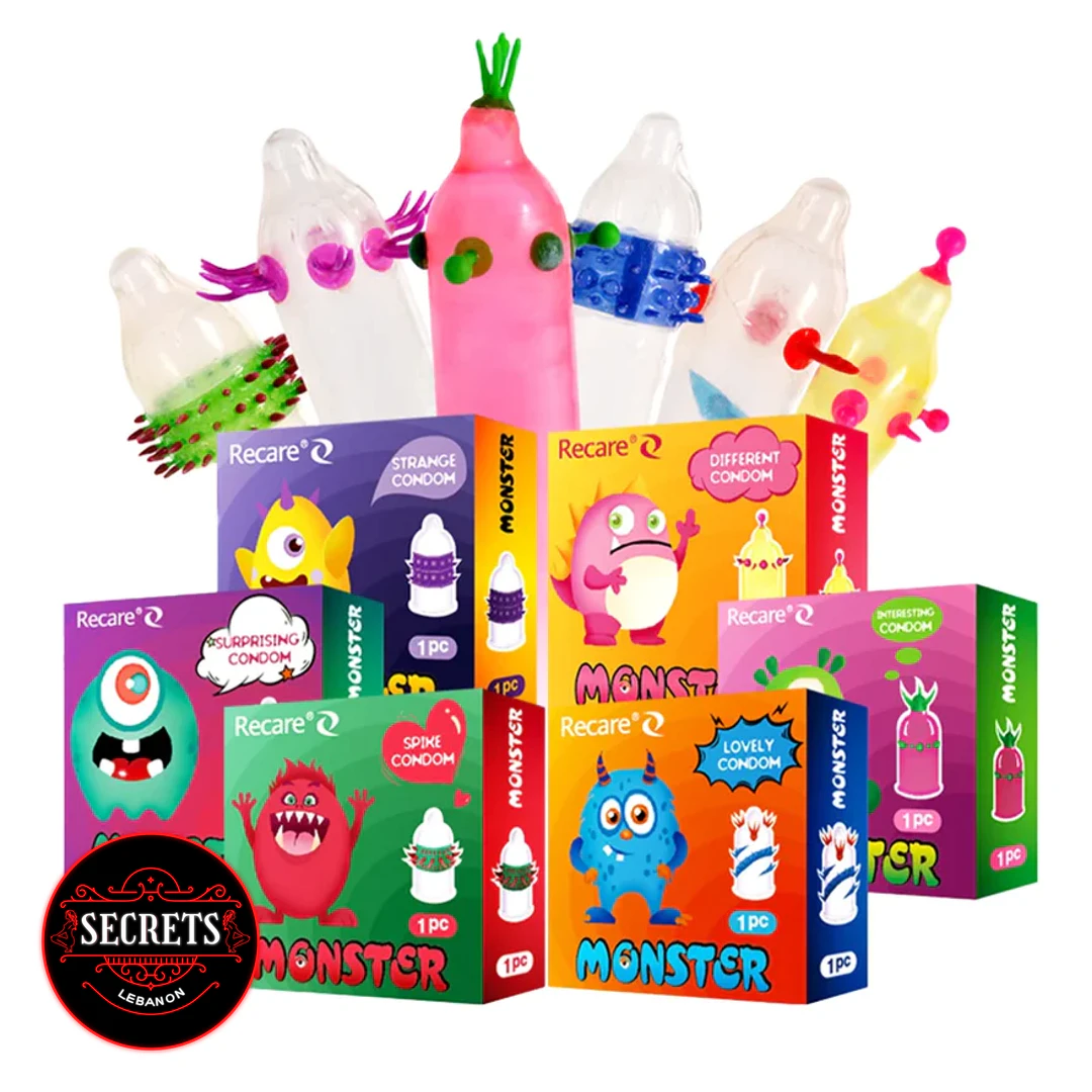 Recare Monster Ribbed Condoms five novelty boxes with textured samples displayed