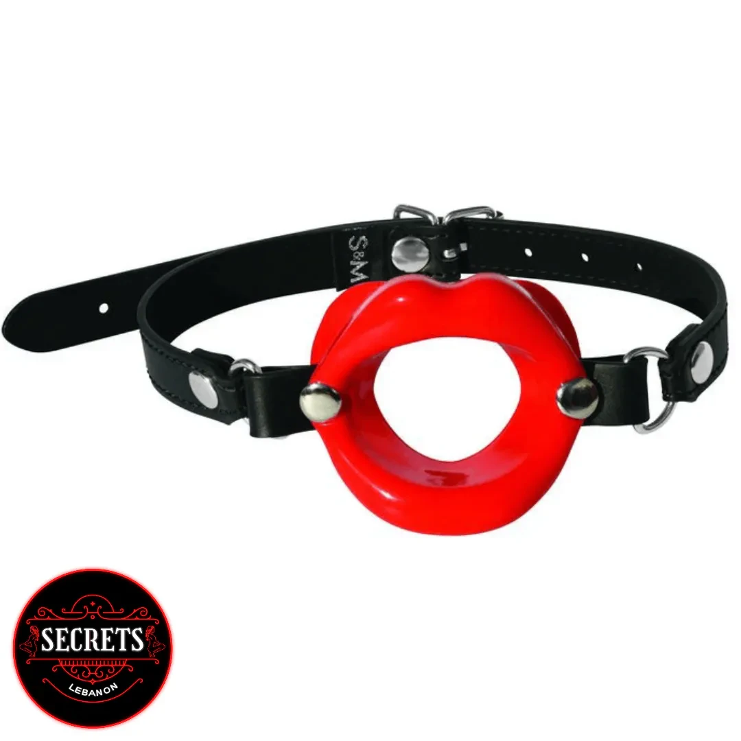 Red Lip Silicone Open Mouth Gag with black adjustable leather strap