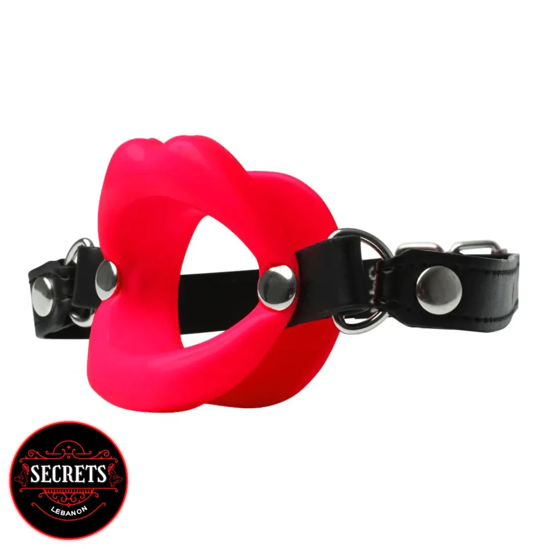 Red Lip Silicone Open Mouth Gag with black adjustable leather strap