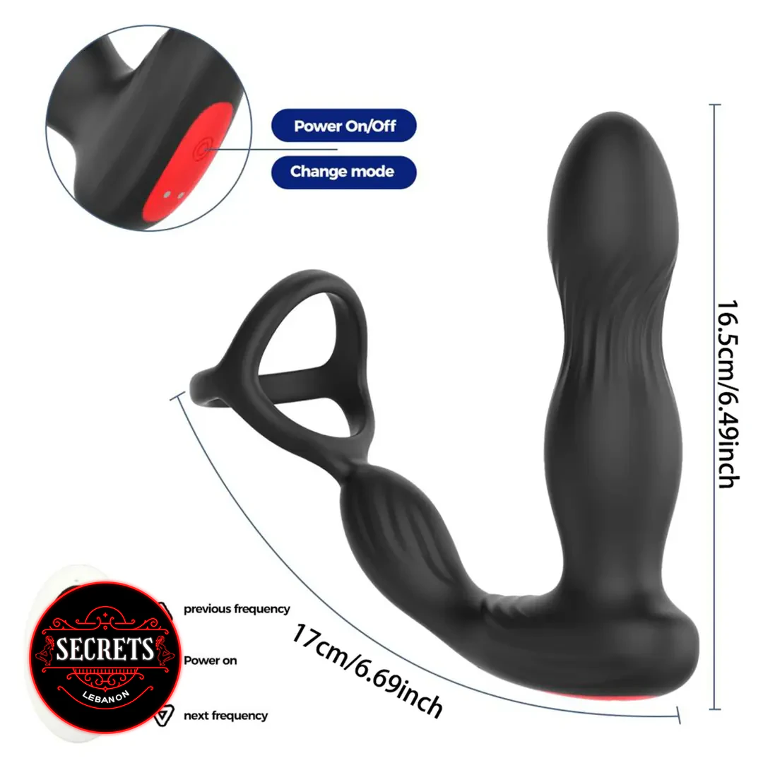 Remote Control Prostate Vibrator With Ring in black silicone with dimensions
