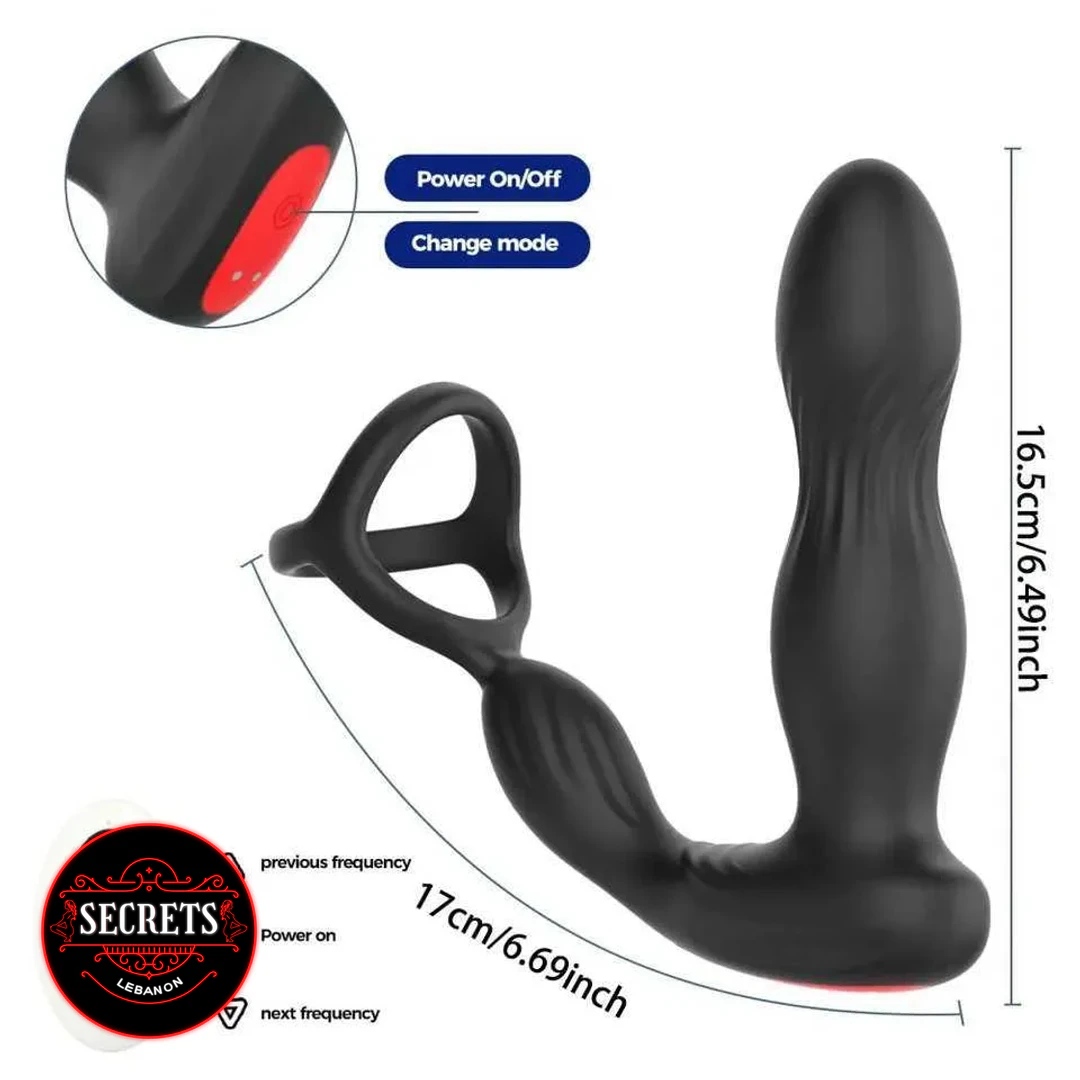 Remote Control Prostate Vibrator With Ring in black silicone with dimensions