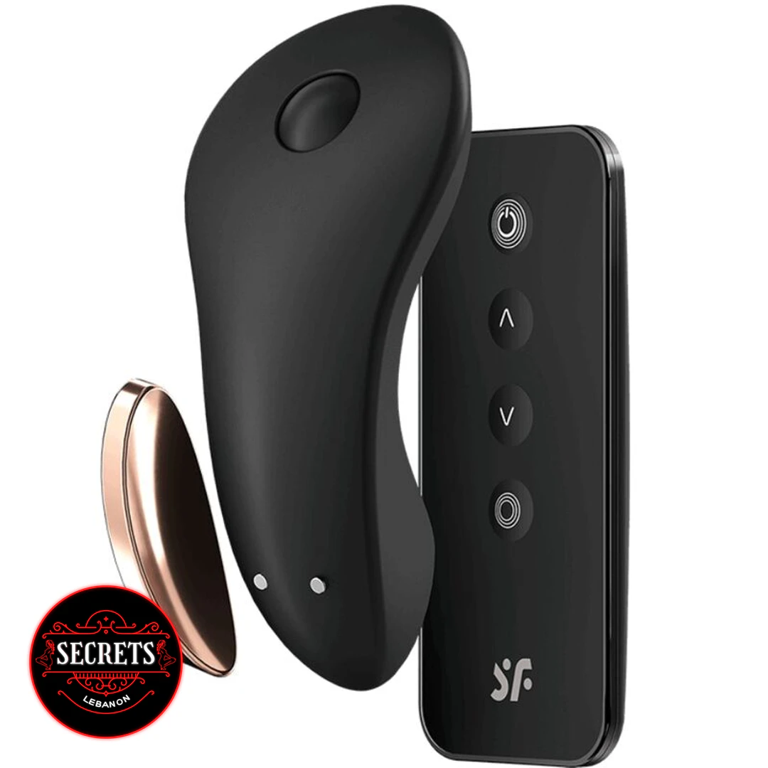 Satisfyer Little Secret Bluetooth Panty Vibrator in black with remote and charger