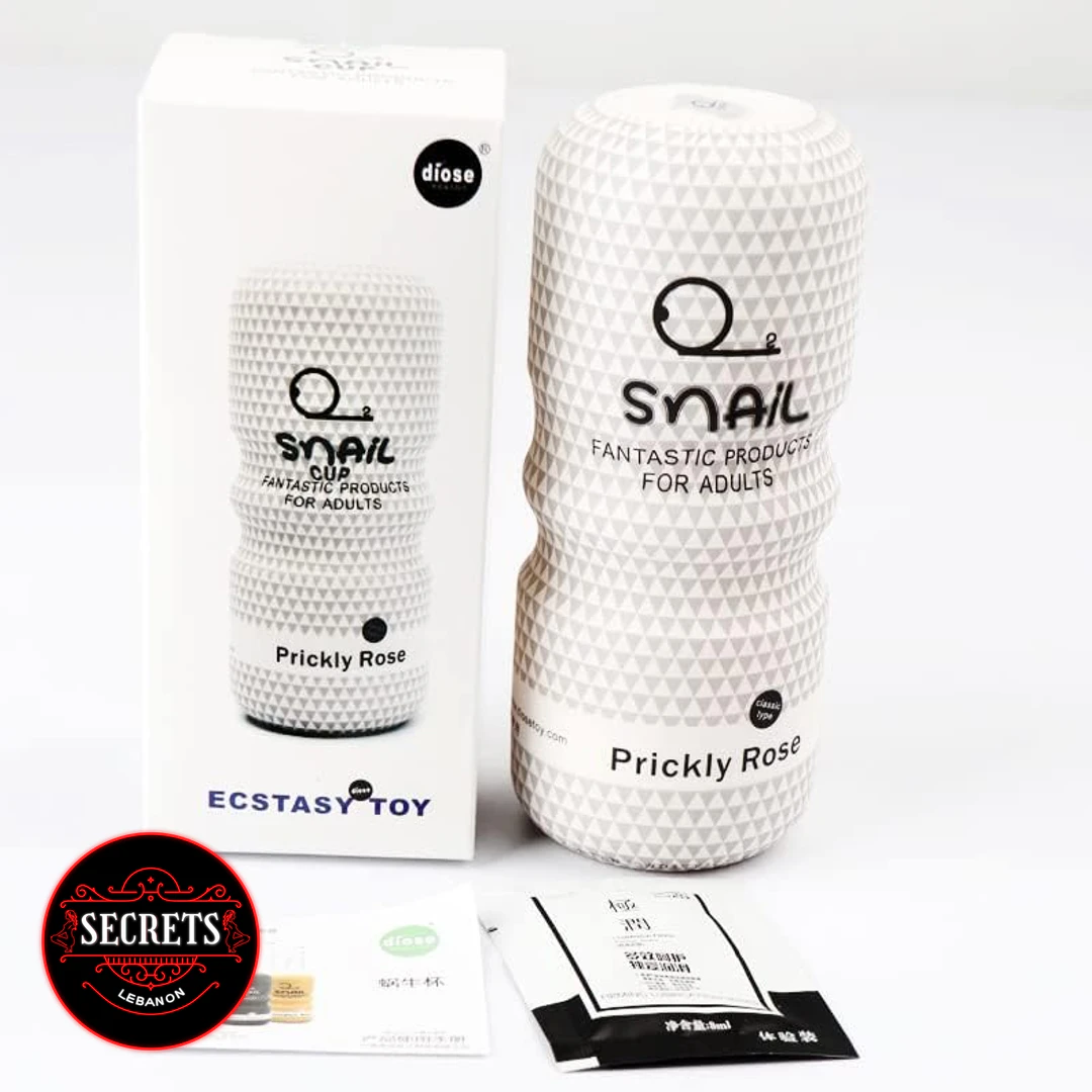 Snail Cup Prickly Rose Stroker beside white retail box with accessories