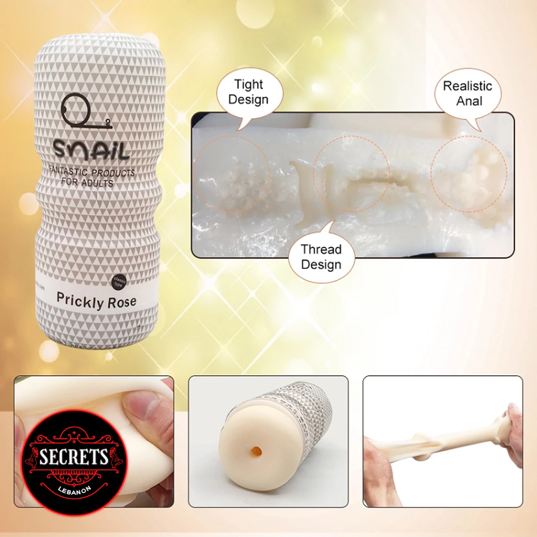 Snail Cup Prickly Rose Stroker with white textured sleeve and internal detail views