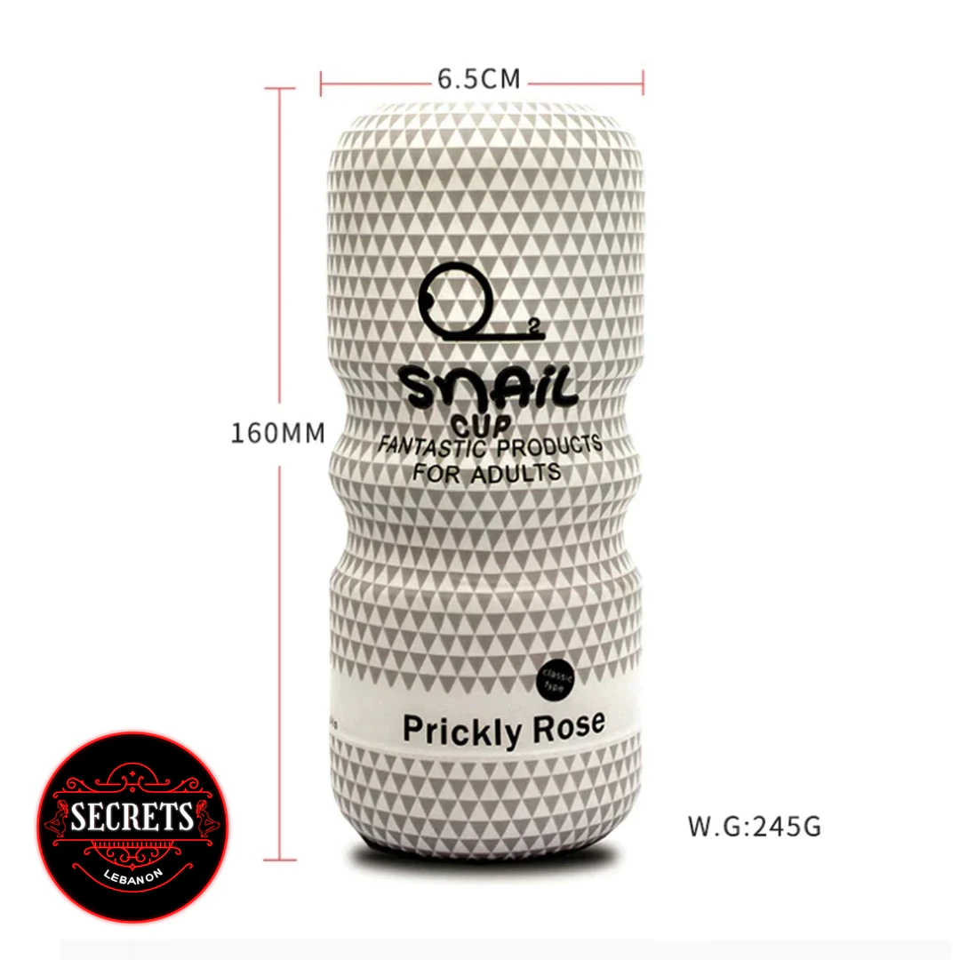 Snail Cup Prickly Rose Stroker white textured masturbator with size dimensions shown