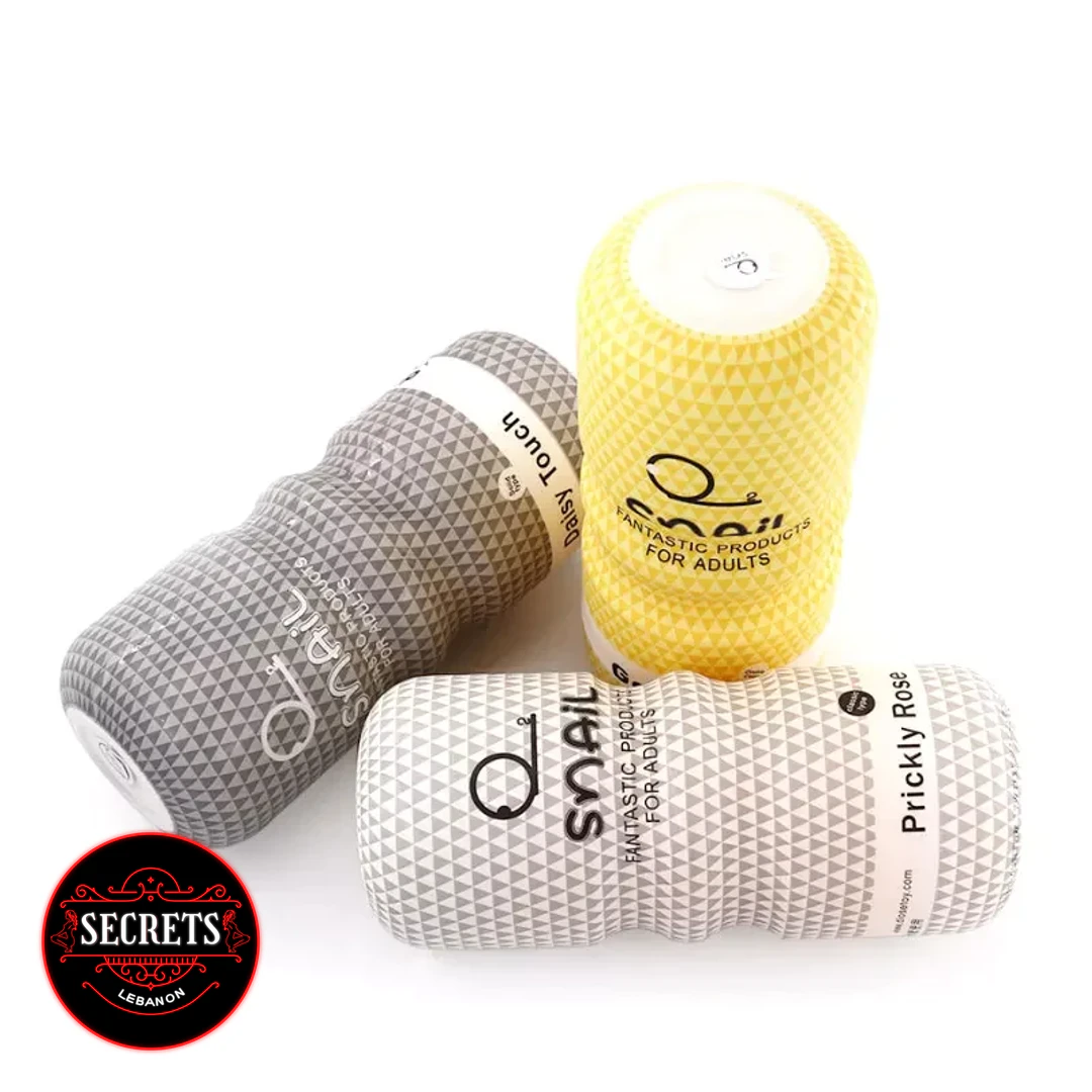 Snail Cup Prickly Rose Stroker with two grey and yellow variants on white background