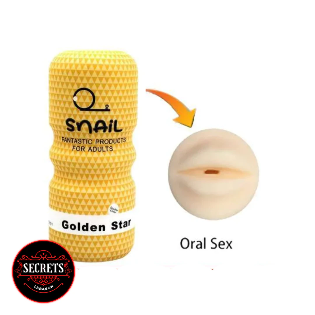 Snail Golden Star Oral Masturbator Cup with yellow textured casing and lip opening detail
