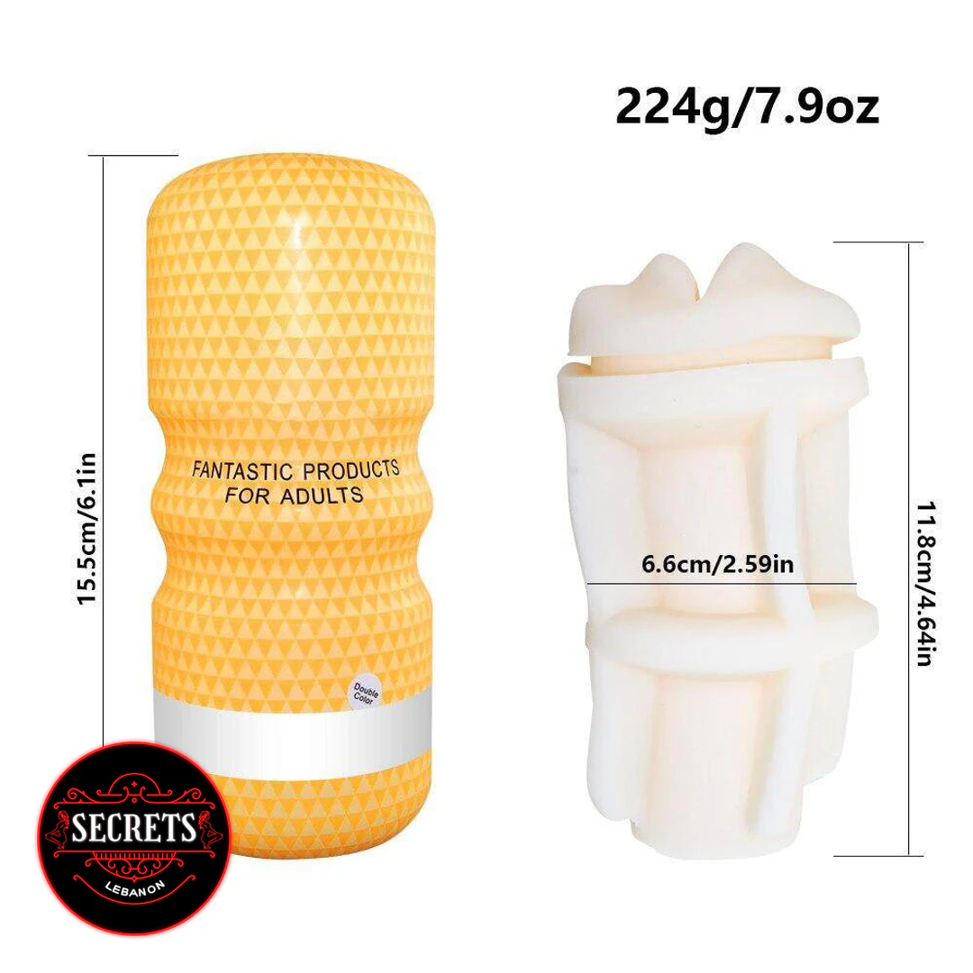 Snail Golden Star Oral Masturbator Cup yellow case beside white textured sleeve insert