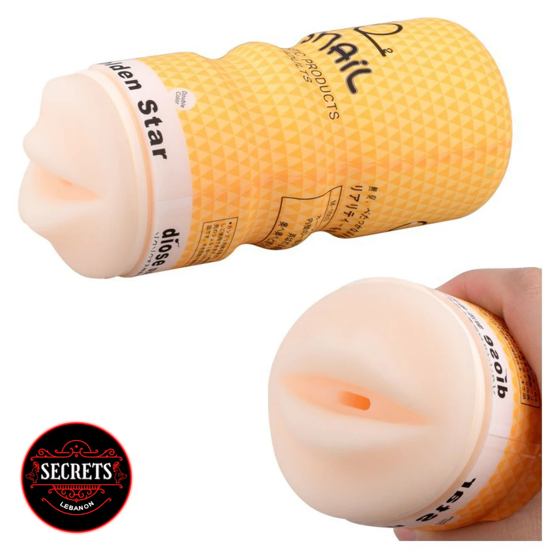 Snail Golden Star Oral Masturbator Cup with yellow textured sleeve and vaginal opening