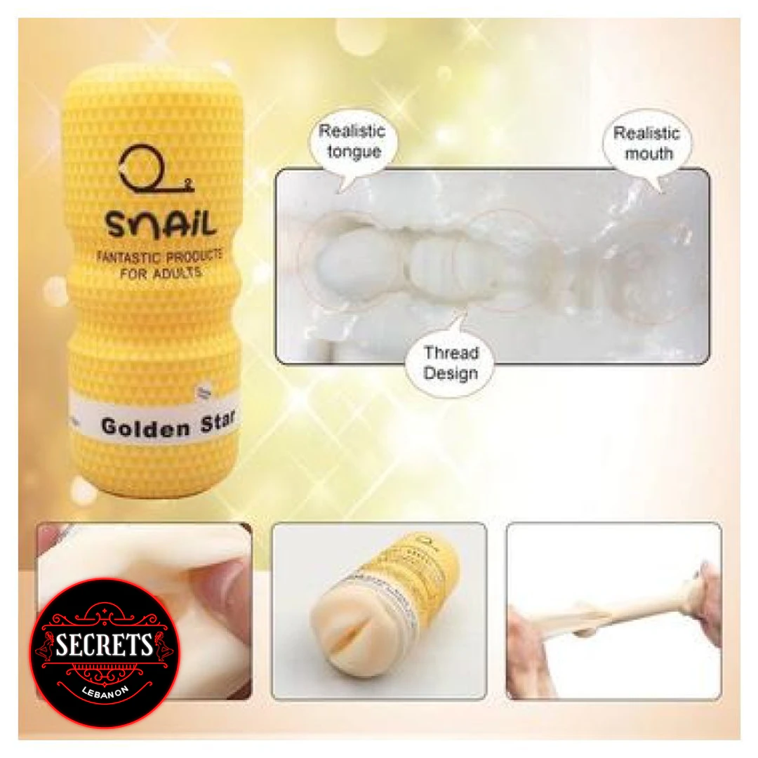 Snail Golden Star Oral Masturbator Cup yellow sleeve with internal texture detail views