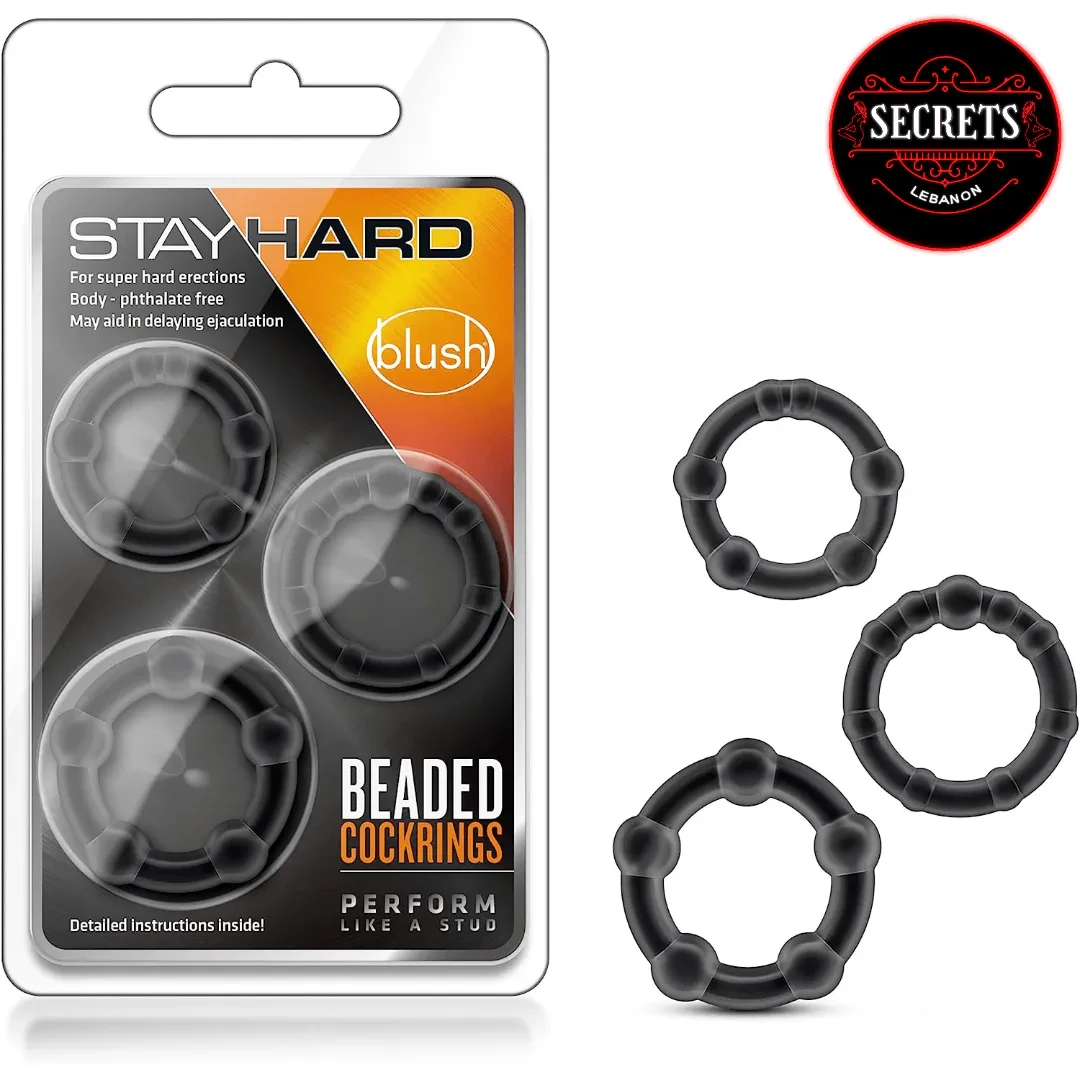 StayHard Silicone Cock Ring Trio three black beaded rings with retail packaging