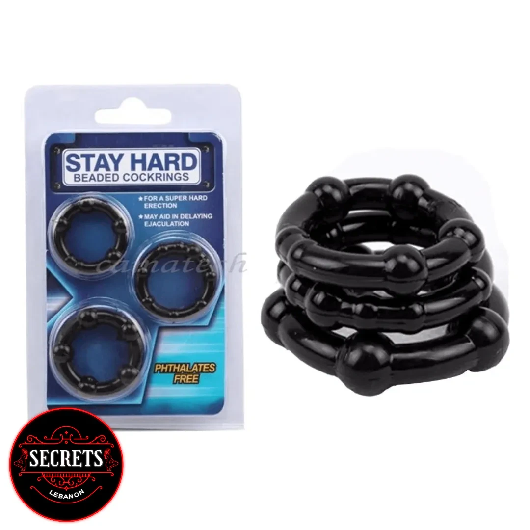 StayHard Silicone Cock Ring Trio three black beaded rings with retail packaging