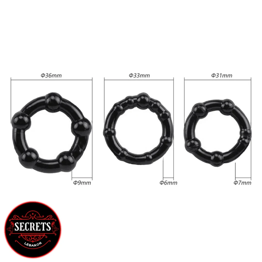 StayHard Silicone Cock Ring Trio three black beaded rings with dimensions