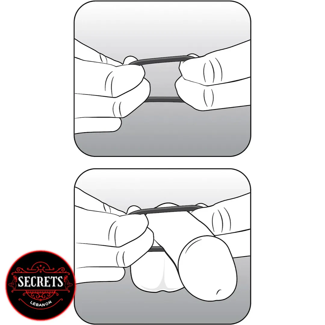 StayHard Silicone Cock Ring Trio illustrated usage guide showing two-step application