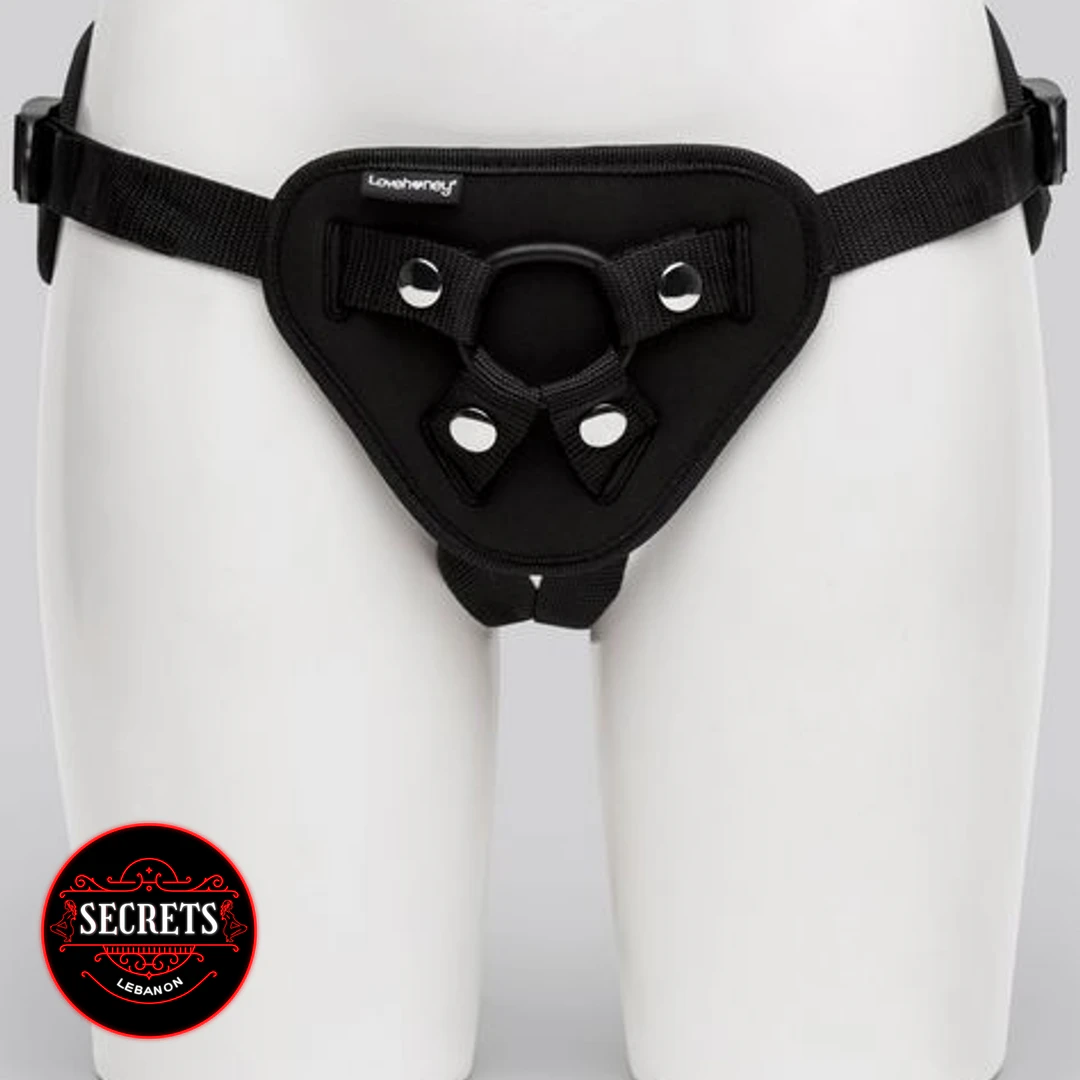 The 3'rd Leg Strapon Harness in black shown front-on white mannequin