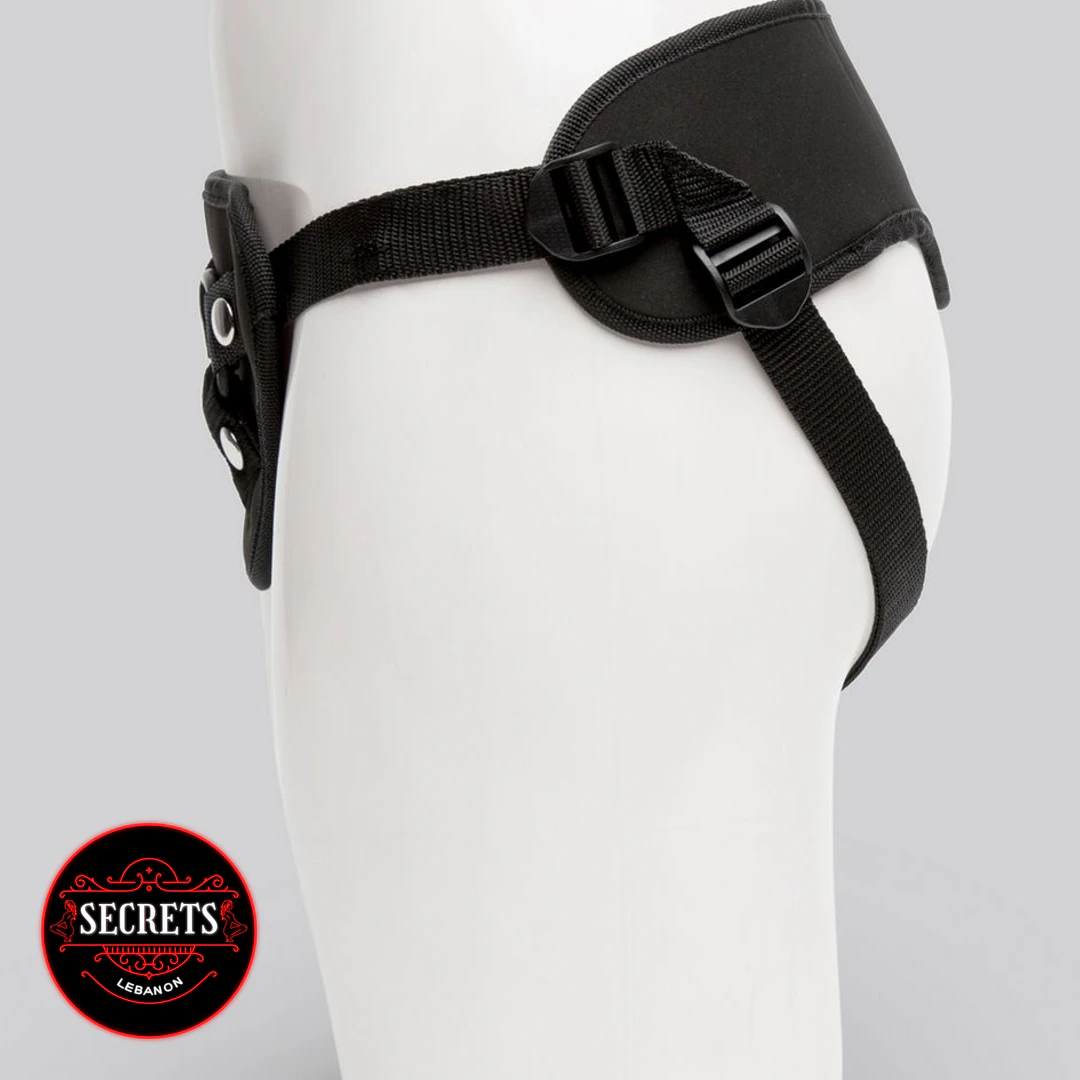 The 3'rd Leg Strapon Harness black nylon straps and buckles on white mannequin