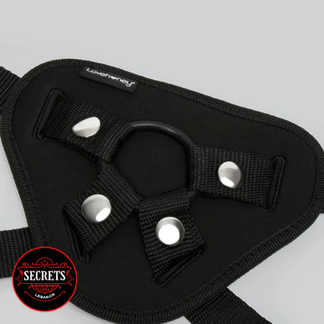 The 3'rd Leg Strapon Harness black neoprene front close-up with silver snaps