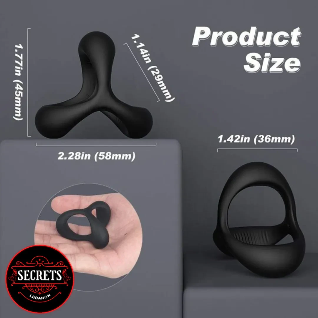 Triple Lock Silicone Cock Ring black product size dimensions infographic view