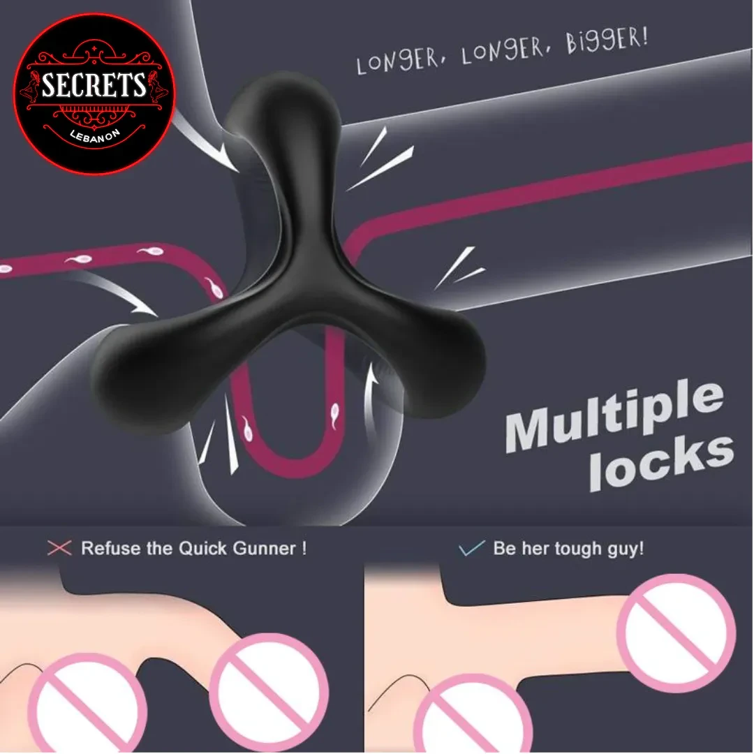 Triple Lock Silicone Cock Ring black tri-lobed design with usage diagram