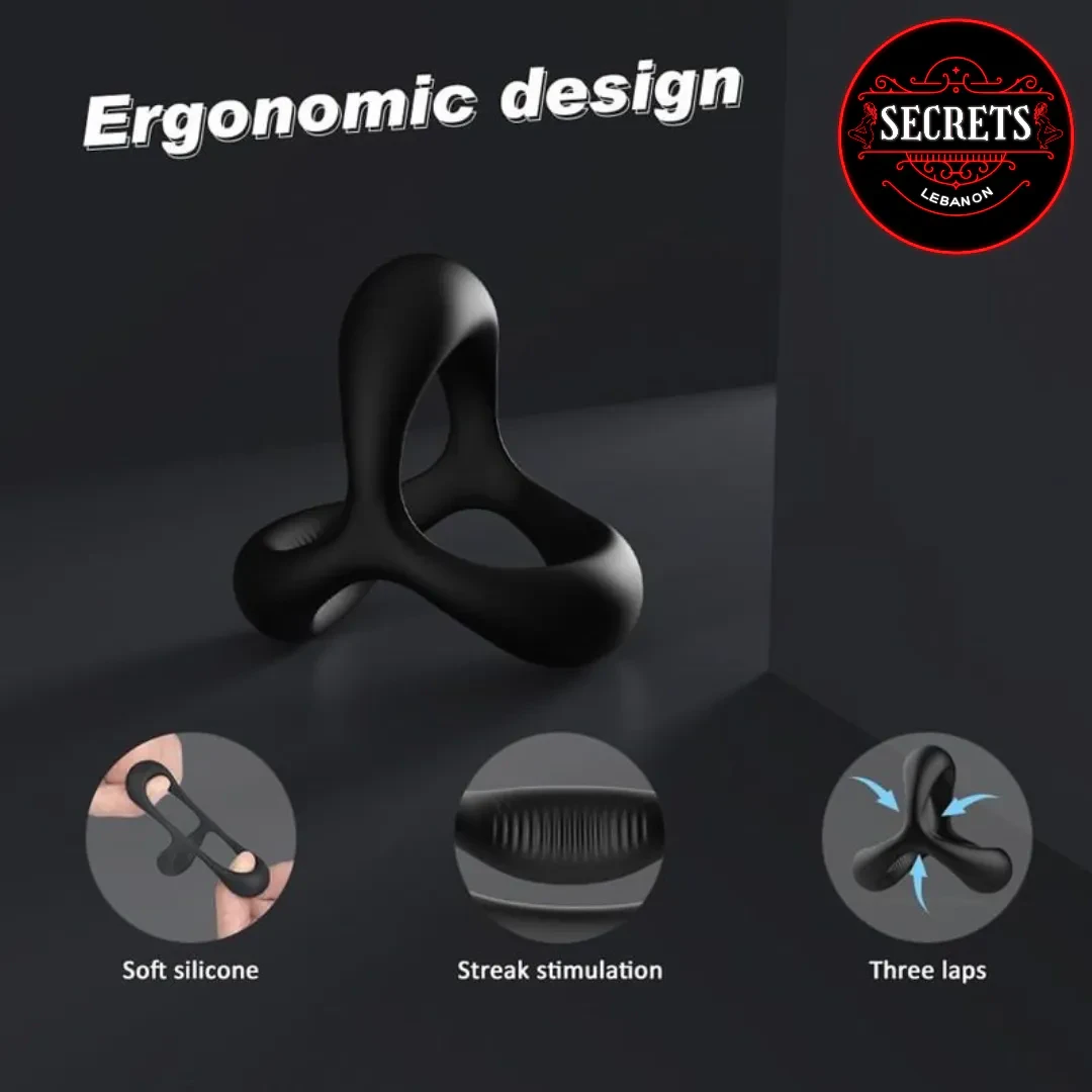 Triple Lock Silicone Cock Ring black ergonomic design with three-loop stretch detail
