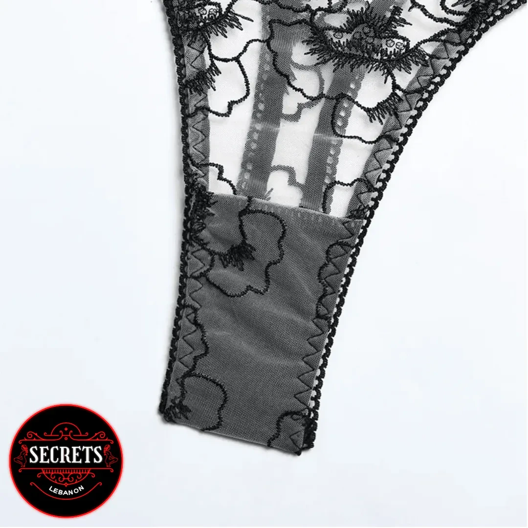 Victoria 3 Piece Lingerie Set black floral lace thong gusset close-up detail