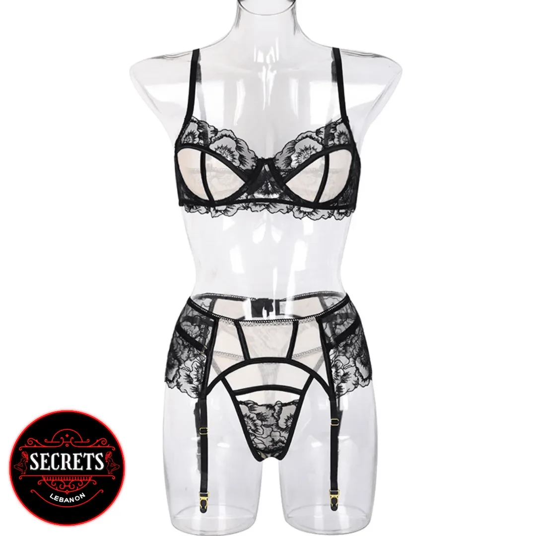 Victoria 3 Piece Lingerie Set in black floral lace on clear mannequin