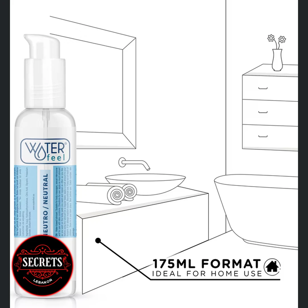 Waterfeel Neutral Water Based Lubricant 175ml pump bottle against line-drawn bathroom background