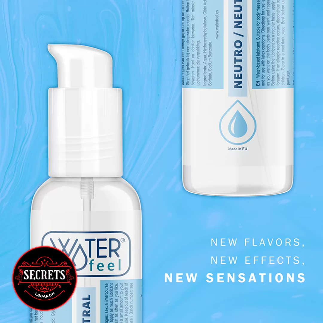 Waterfeel Neutral Water Based Lubricant pump bottle shown against blue background