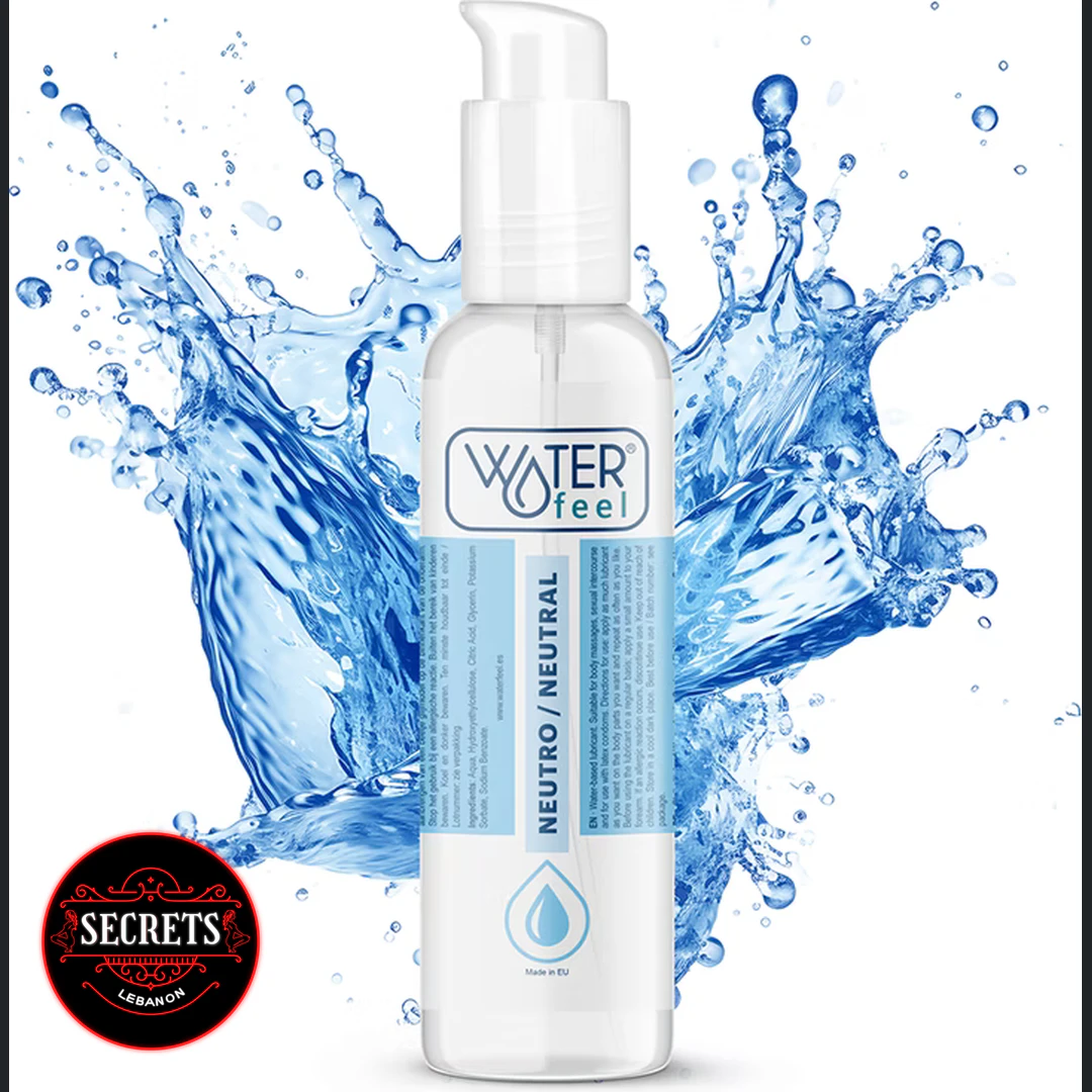 Waterfeel Neutral Water Based Lubricant pump bottle with blue water splash background