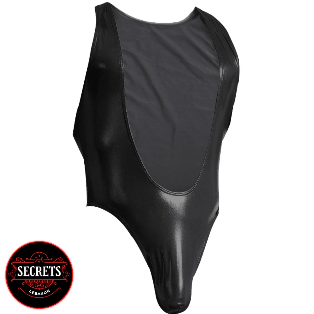Wet Look Leather Men's Bodysuit in black with matte front panel side view