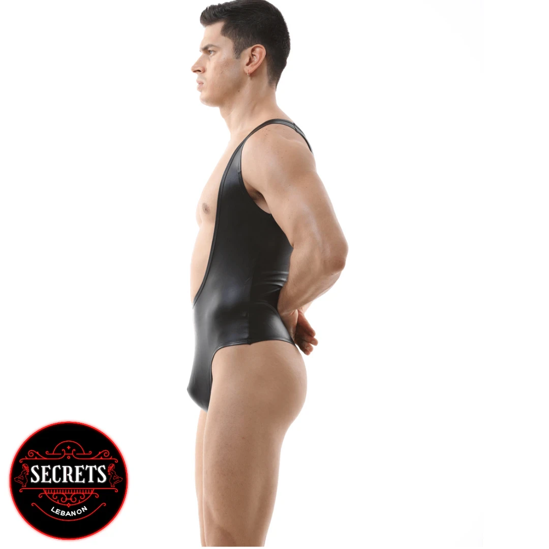 Wet Look Leather Men's Bodysuit side profile view black open-chest design