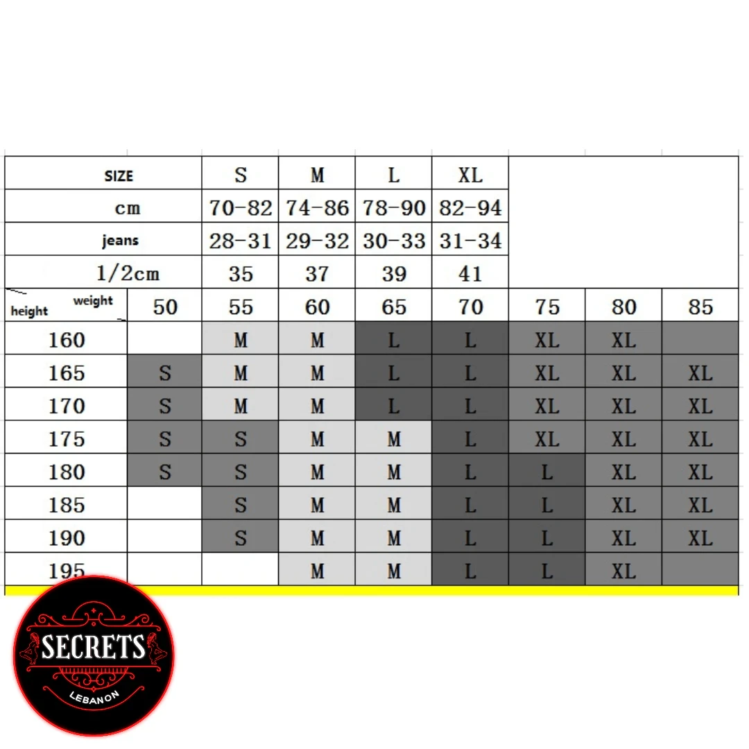 Wet Look Leather Men's Bodysuit size guide chart with height and weight measurements