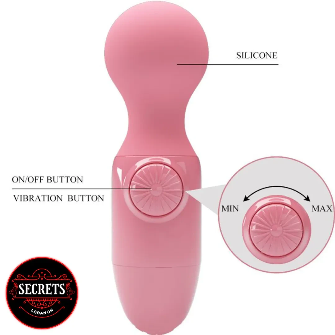 Wonder Mini Stick Vibrator in pink silicone with labeled controls diagram